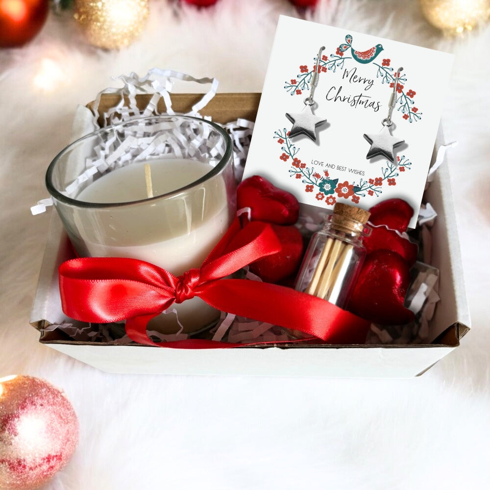 Aye Do Gifts Small Merry & Bright Christmas Gift Hamper - Silver Star Drop Earrings, Chocolates & Candle