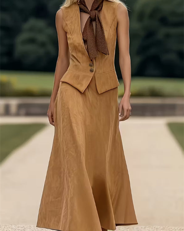 Women's Sleeveless Suit Collar Button-down Casual Skirt Suit