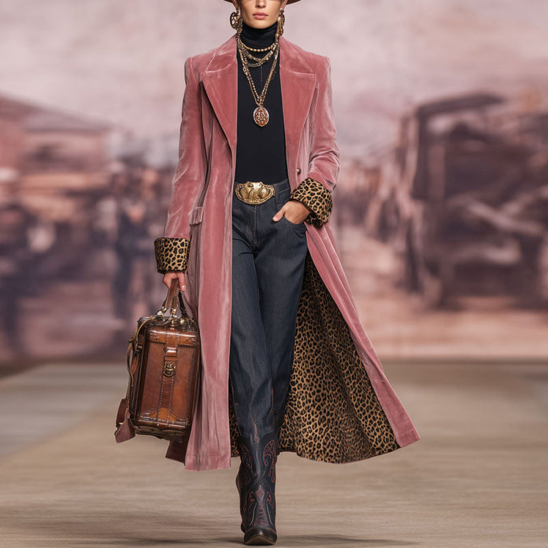 Patchwork Lace Gold Velvet Suit Long Coat Women's Wear