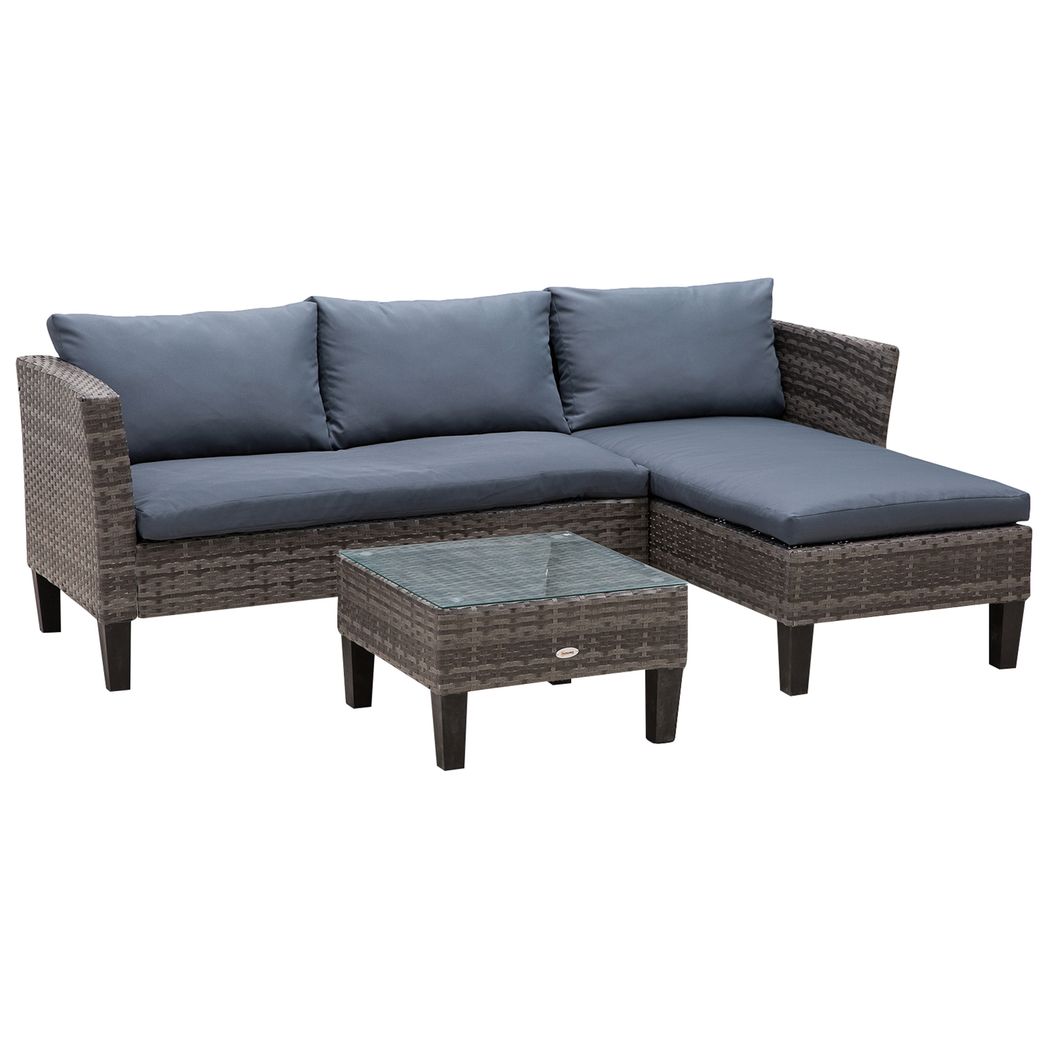 Outsunny 3-Seater Outdoor Garden PE Rattan Furniture Set Grey Grey 140cm x 70cm x 66cm