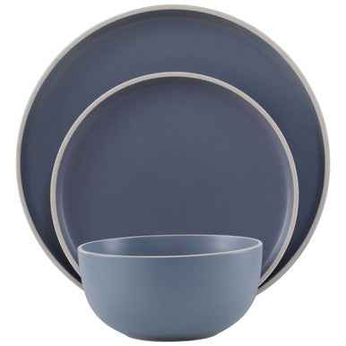 Elmira Twelve Piece Blue Stoneware Dinner Set With Grey Rim