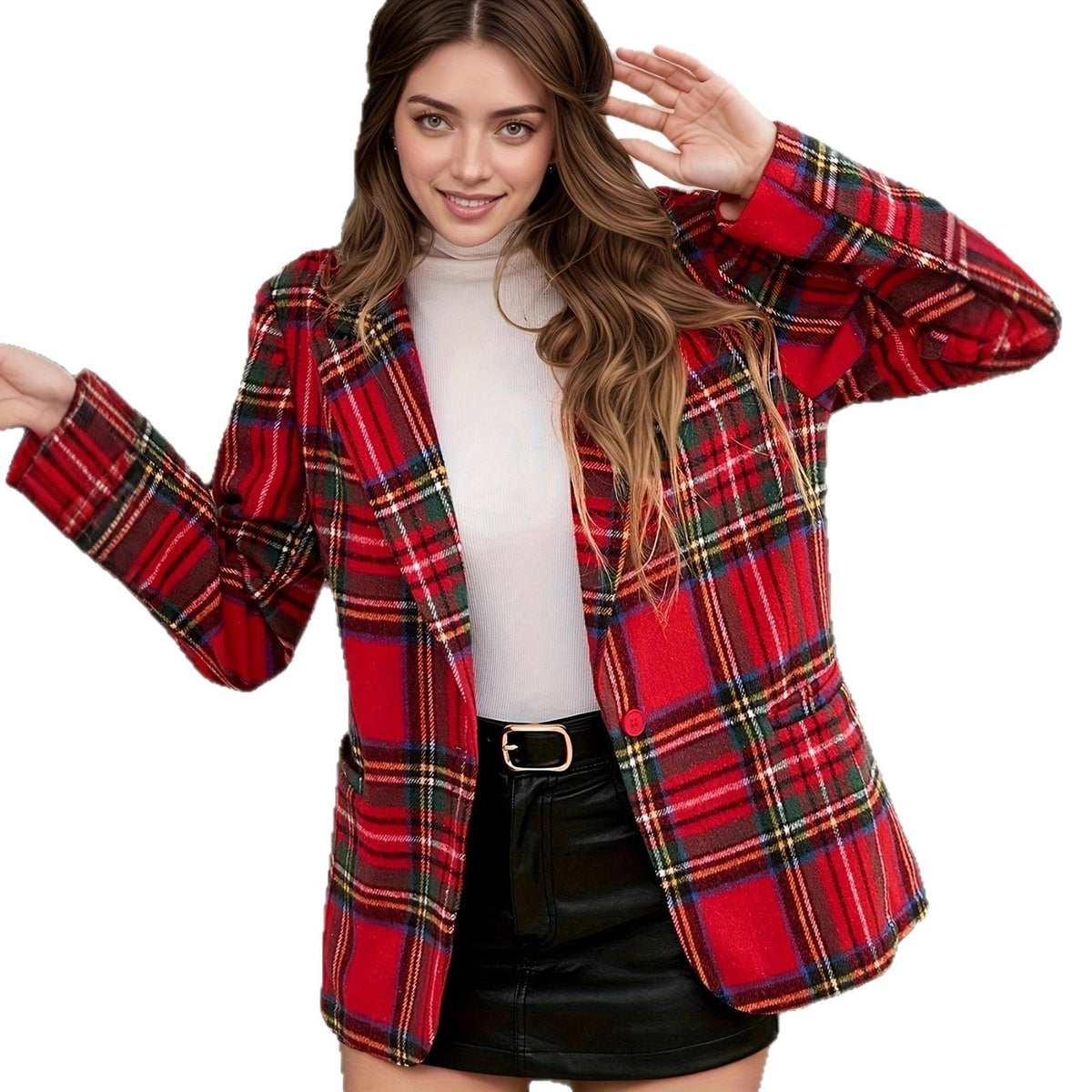Autumn And Winter Christmas Red Plaid Long Sleeve Suit Coat