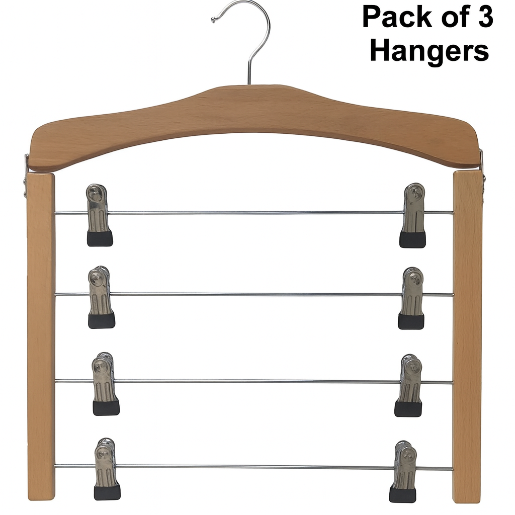 4 Tier Wooden Clothes Hanger Trouser Skirt Pants Organizer Clips Space Saver
