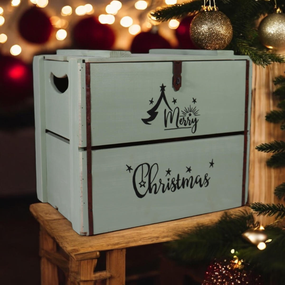 42CM RUSTIC GREEN WOODEN BOX