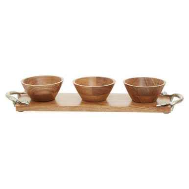 Vine Acacia Wood Set Of 3 Dip Bowls With Tray