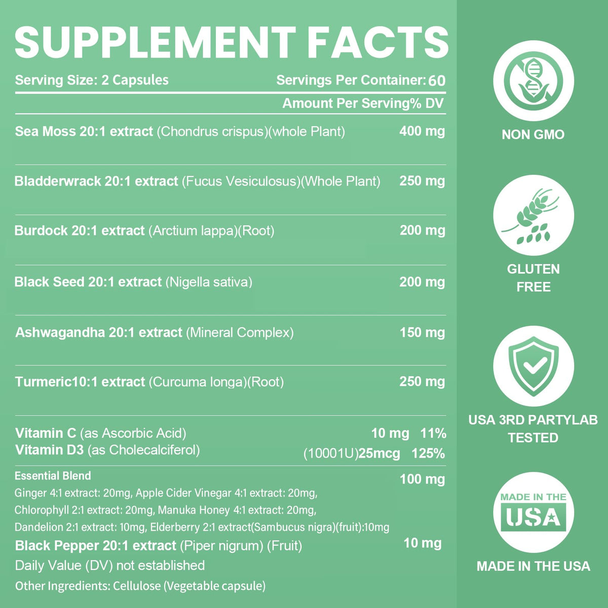 Sea Moss Capsules with Ashwagandha, Black Seed Oil & Turmeric - Multimineral Supplement 120 Count