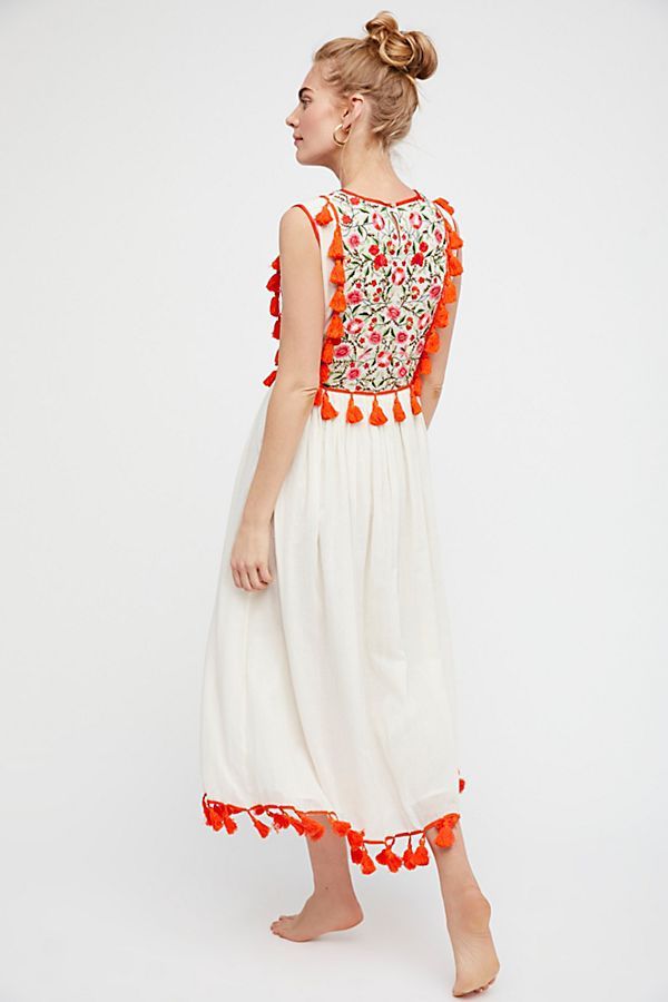 Color floral embroidery fringed tank top skirt