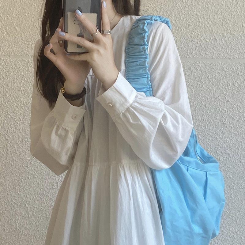 Korean Style Long Sleeve Round Neck Mid-Length Dress