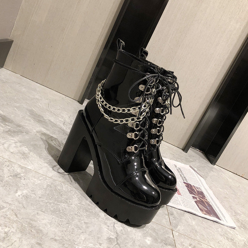 Patent leather platform block heel Martin boots
