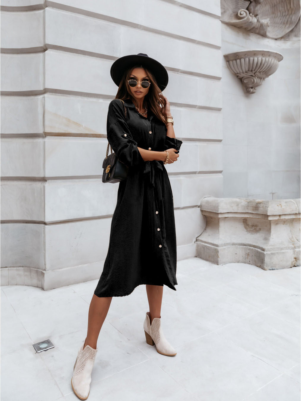 Women's Fashion Long Sleeve Mid-length Lace Up Dress