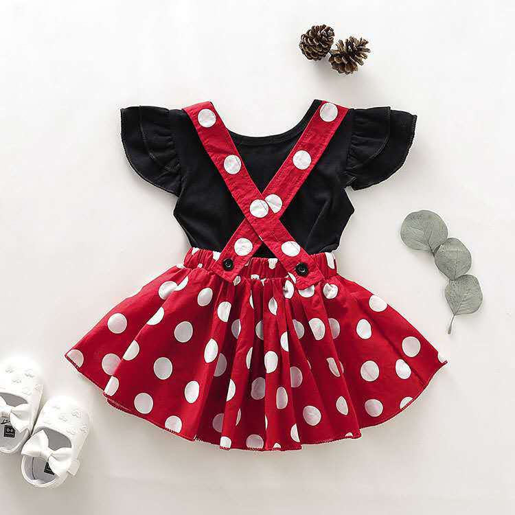 Girls' Summer Solid Color Fly Sleeve Top Dot Suspender Skirt