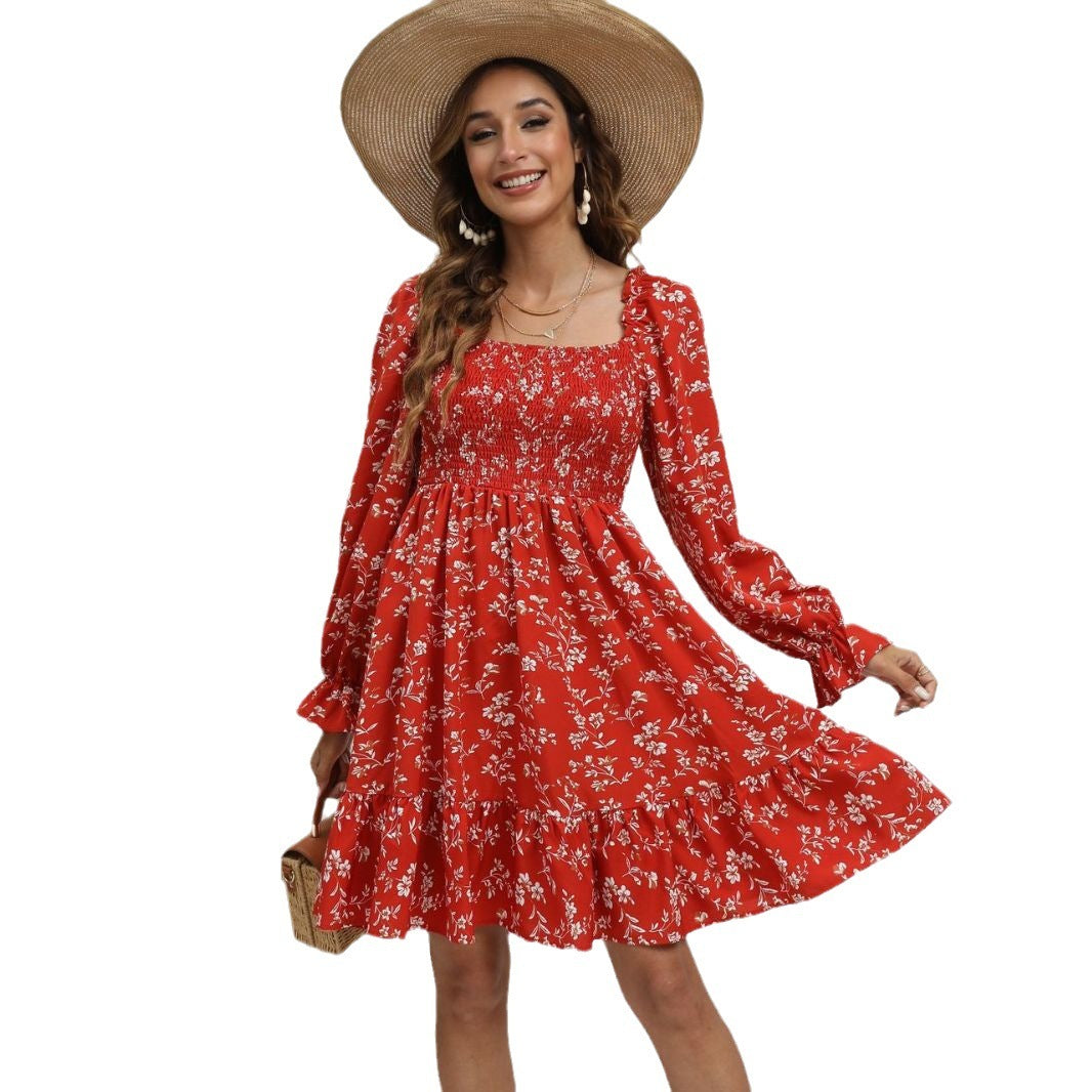 Spring And Summer Floral Long Sleeve Mid-length Dress