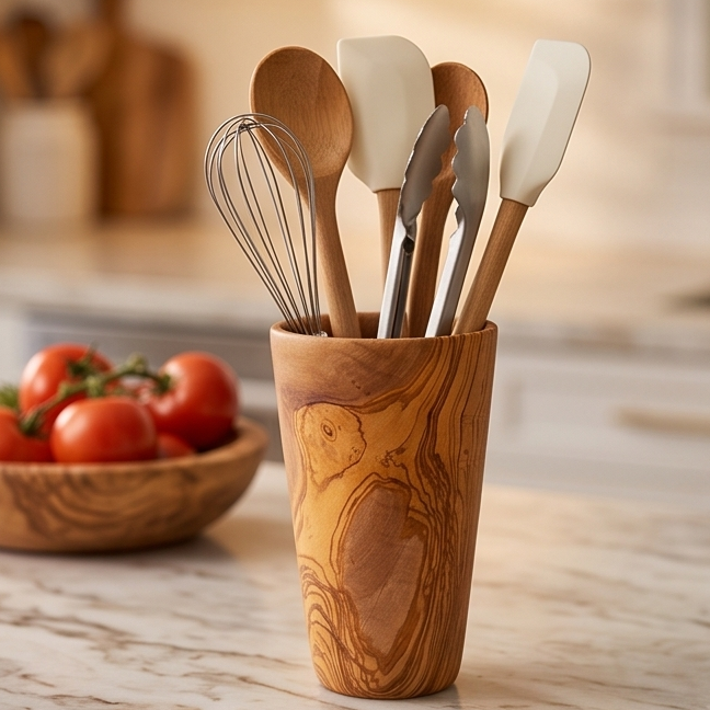 Luxury Solid Olive Wood Utensil Holder | Rustic Kitchen Countertop Storage Organiser