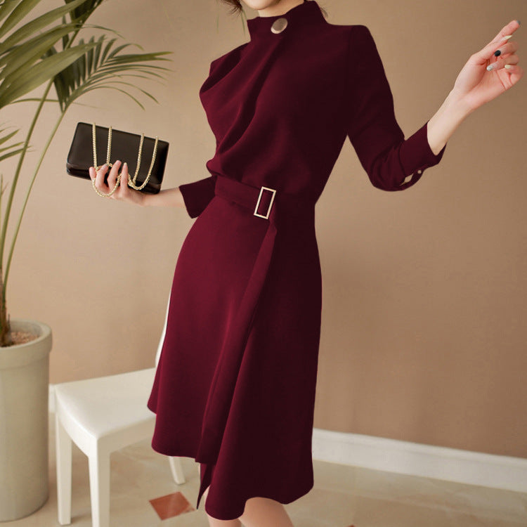 Long-sleeved waist slimming mid-length A-line skirt