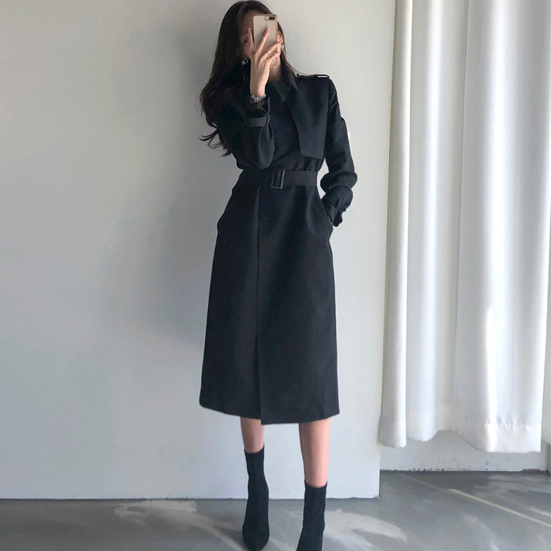 Lapel Double Breasted Nipped Waist Straight Over-the-Knee Mid-Length Trench Coat