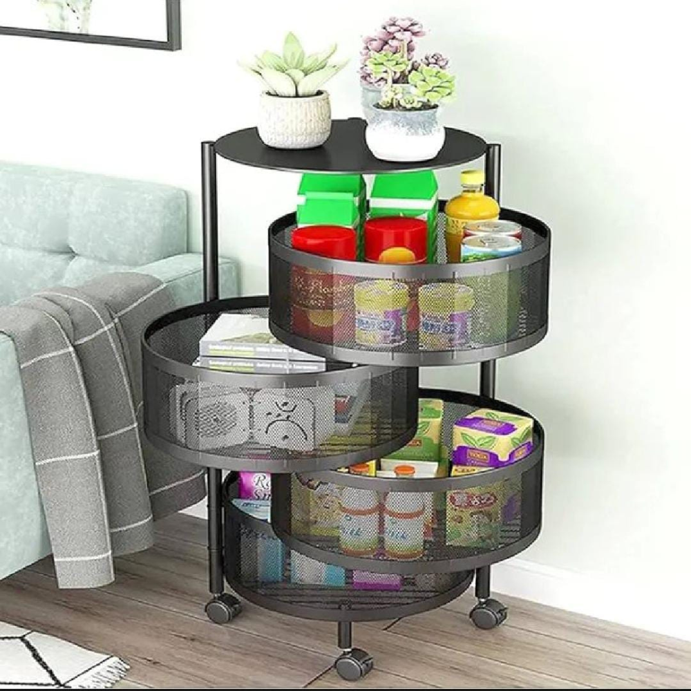 4 Layer Movable Round Fruit Basket Kitchen Accessories Rack Stand in Black