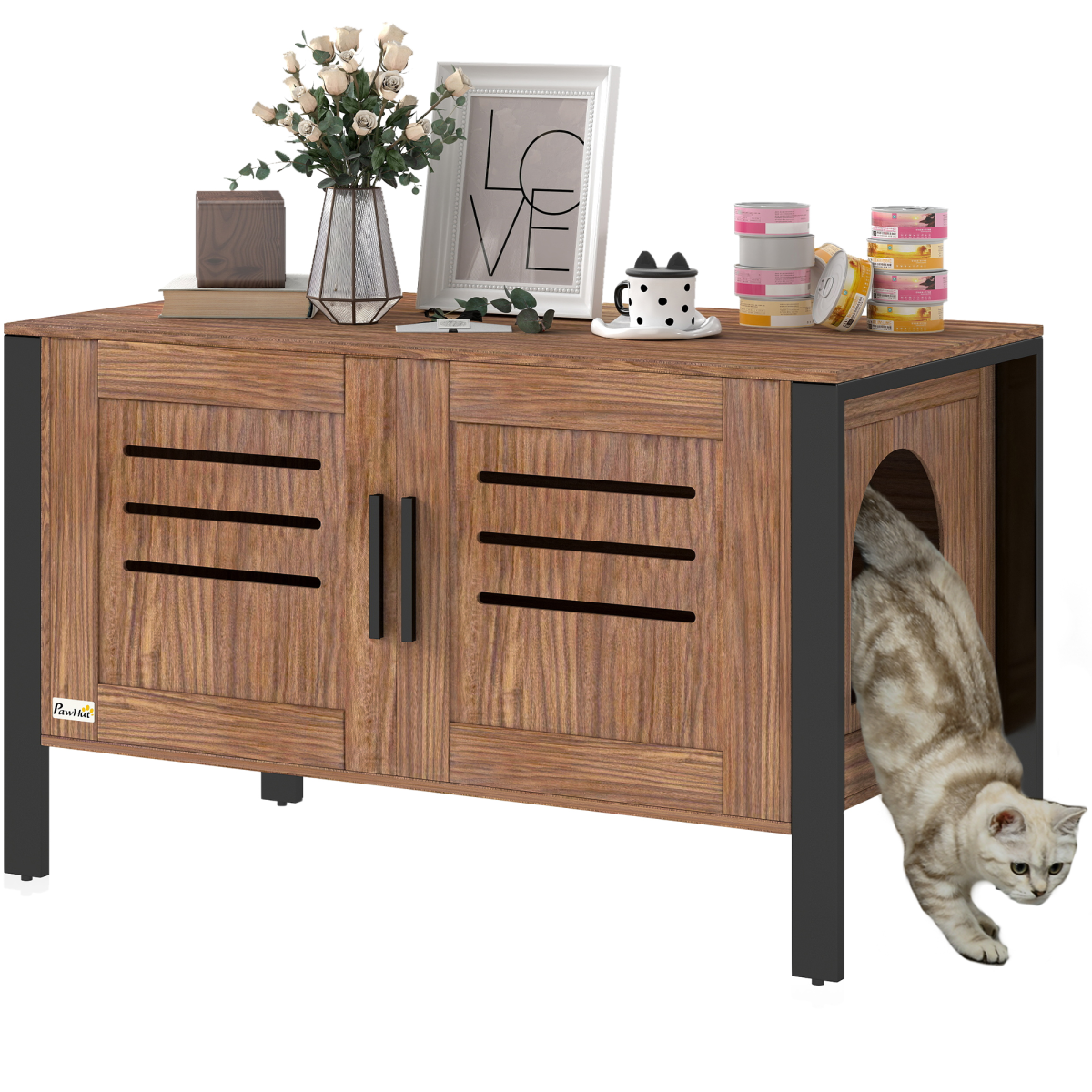 PawHut Cat Litter Box Enclosure w/ Tall Legs, Scratching Board, Dark Brown