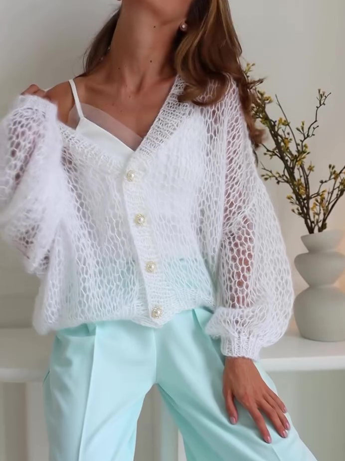 Casual Solid Color Hollow Knit Cardigan
