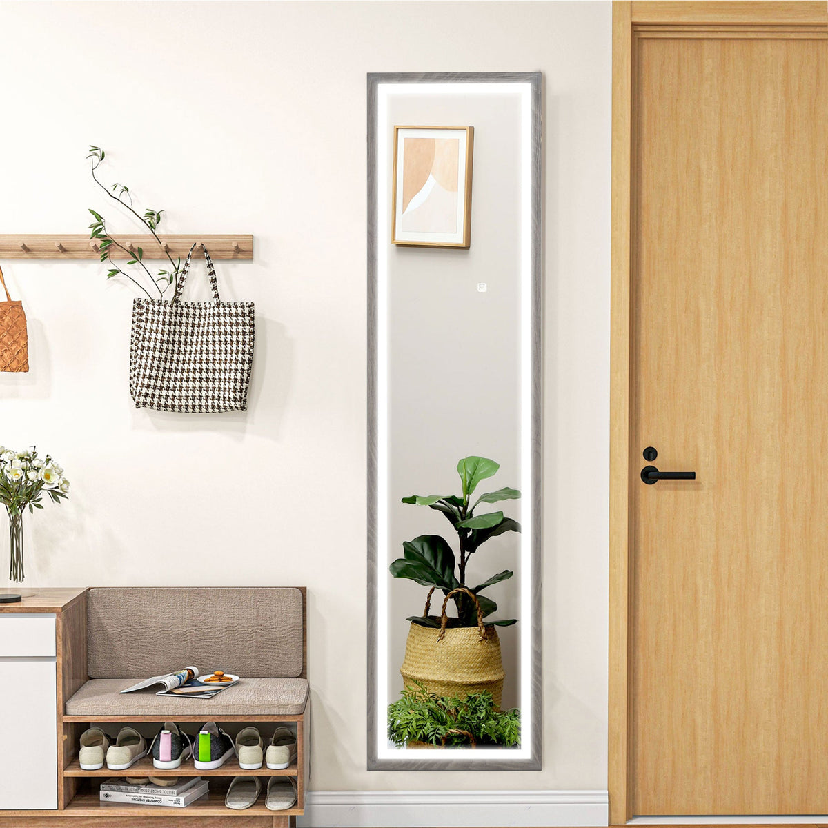 HOMCOM Dimming Full Length Mirror w/ Lights Standing Leaning Wall Mount Grey