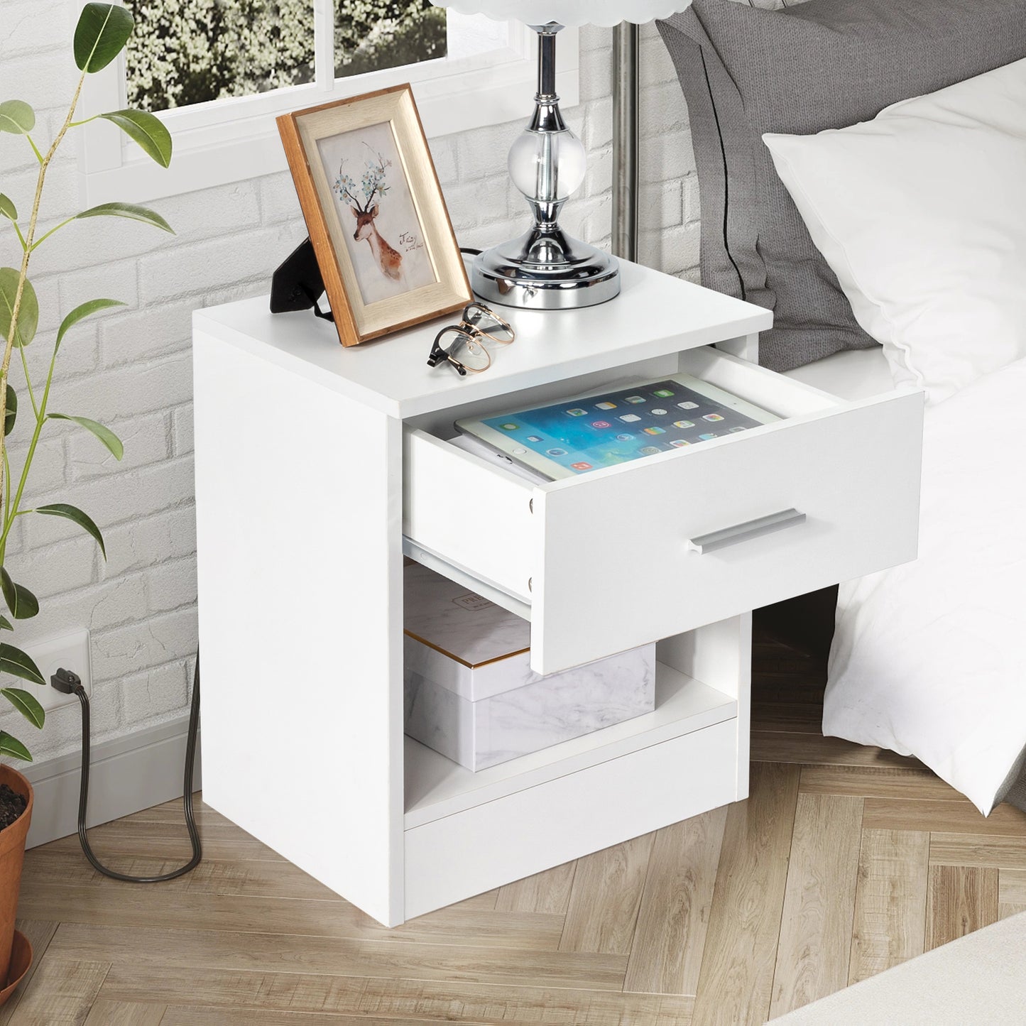 2-Tier Nightstand Set of 2, Bedside Cabinet End Table for Bedroom Home Office, White