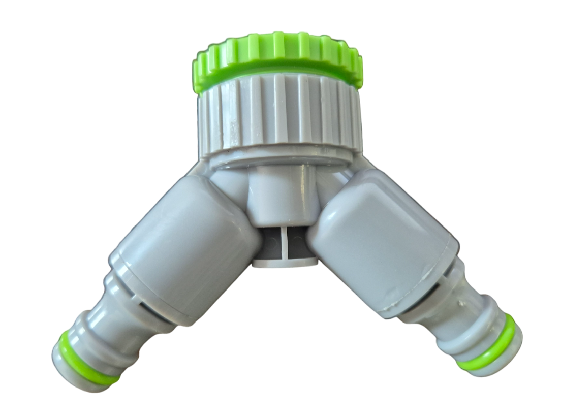 2-Way Tap Connector With Valves 1" or 3/4" BSP Female, Green/Gray