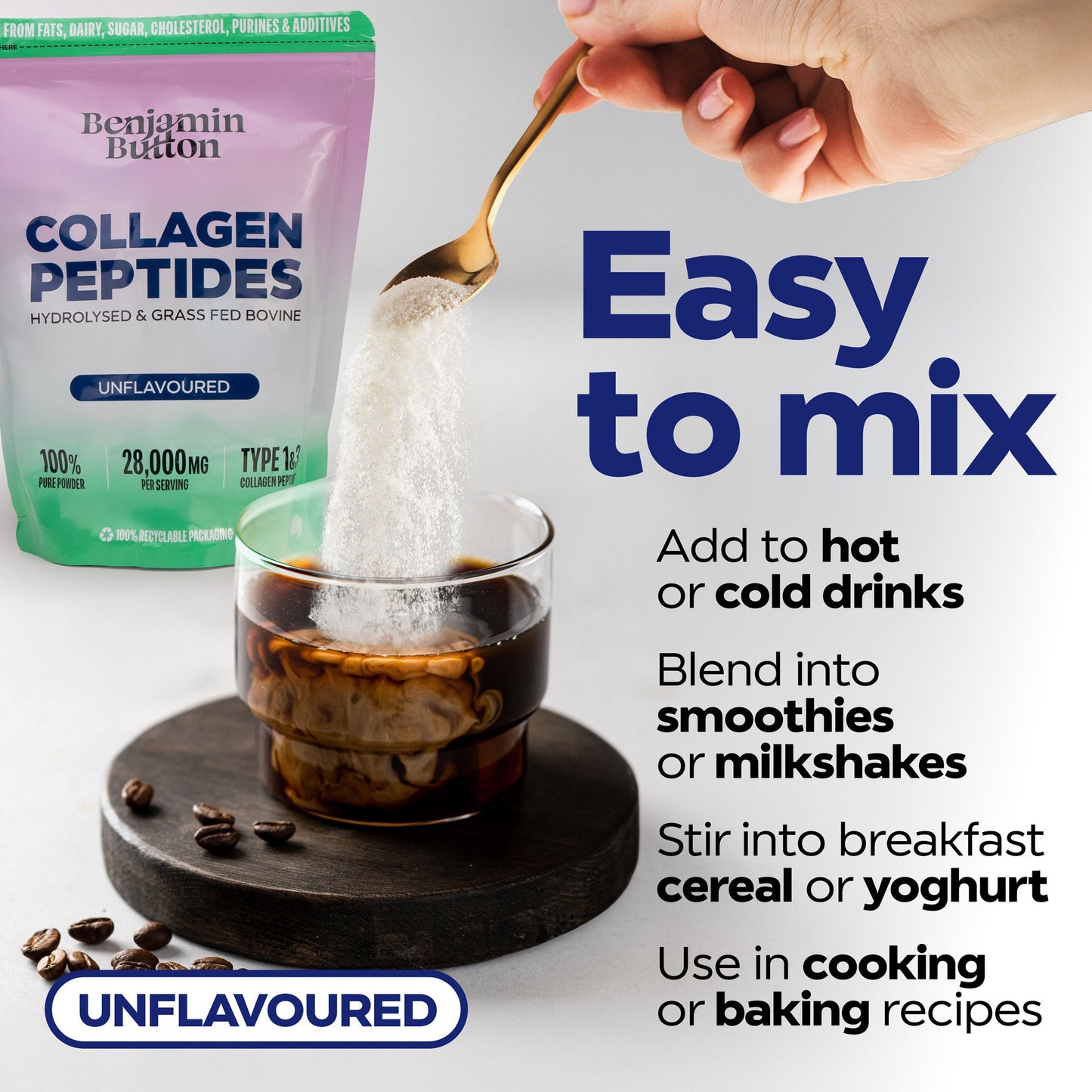 Bovine Collagen Powder - 95% Protein, 400g Unflavoured | Benjamin Button