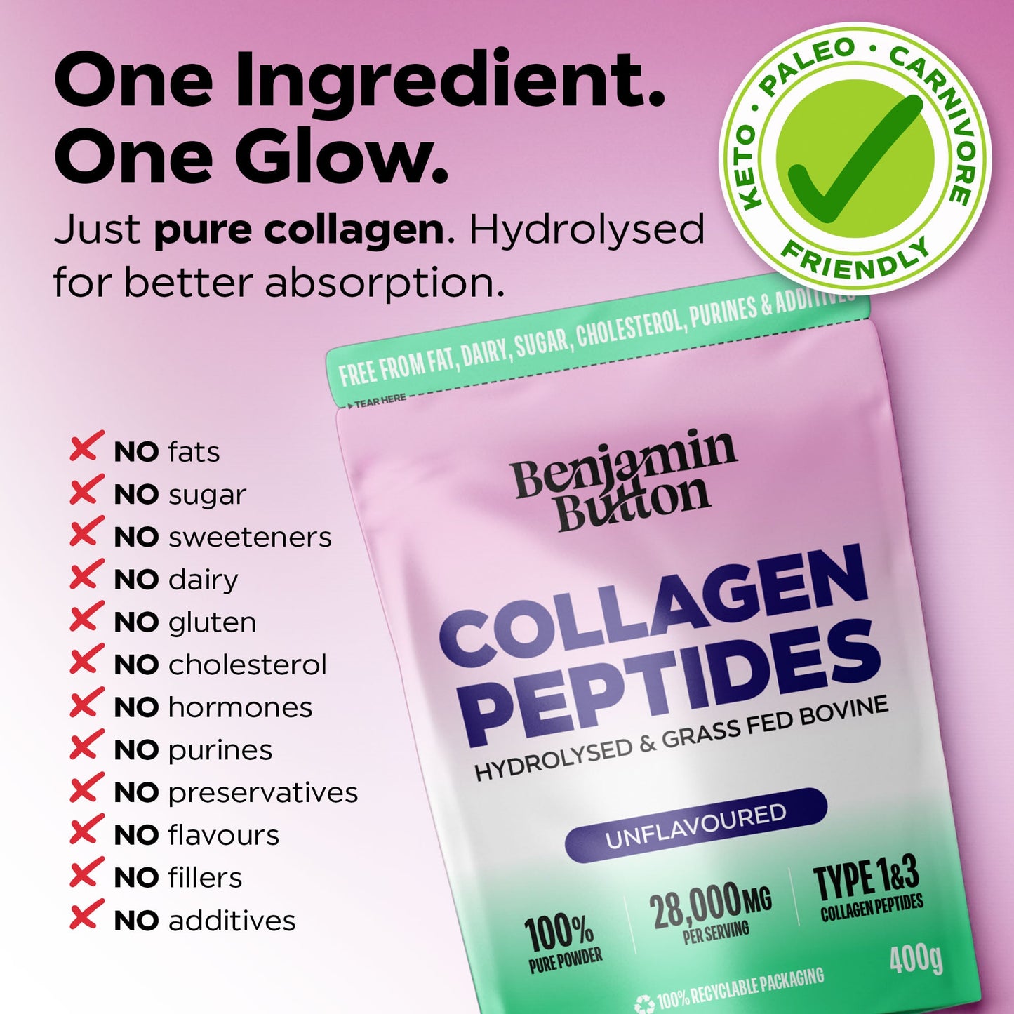 Bovine Collagen Powder - 95% Protein, 400g Unflavoured | Benjamin Button