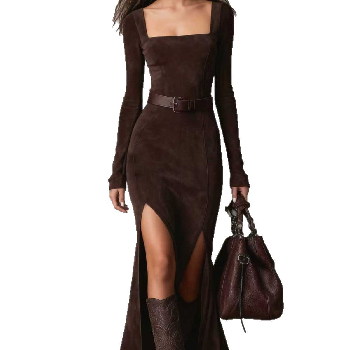 Zipper Square-neck Slit Maxi Dress