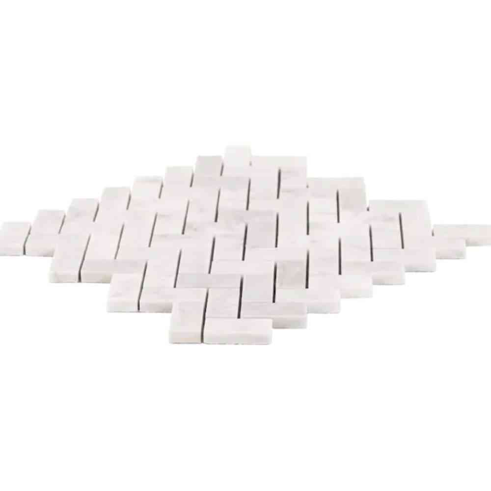 White Carrara Polished Herringbone Marble Mosaic Tile – 25 × 50 × 10 mm