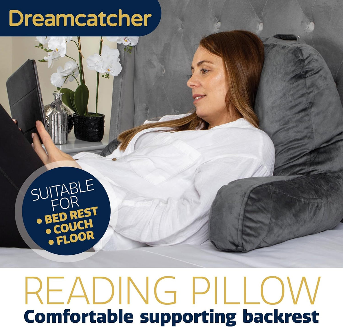 Grey Reading Pillow Memory Foam Cushion with Backrest Arm Support Dreamcatcher