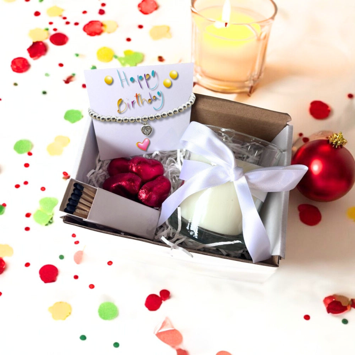 Small Happy Birthday Gift Hamper - Cubic Zirconia Heart Bracelet, Chocolates & Candle