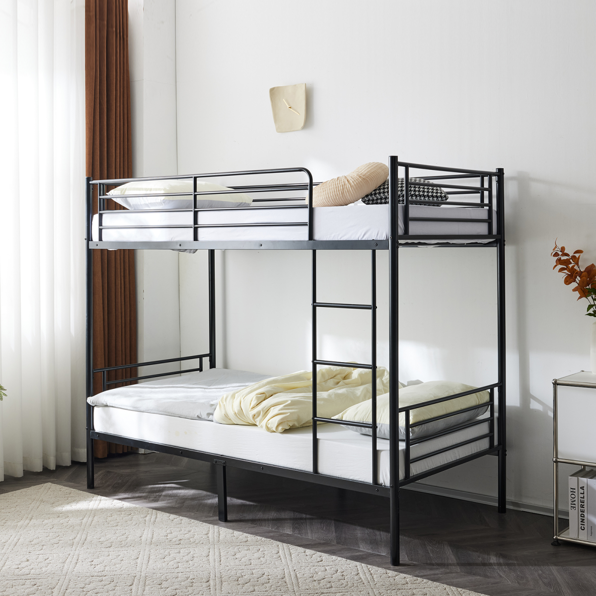 【 Same code 57955699】Twin Over Twin Bunk Bed for Kids Teens Adults, Heavy Duty Metal Bunk Bed with Ladder & Full-Length Guard Rail & Storage Space, Black
