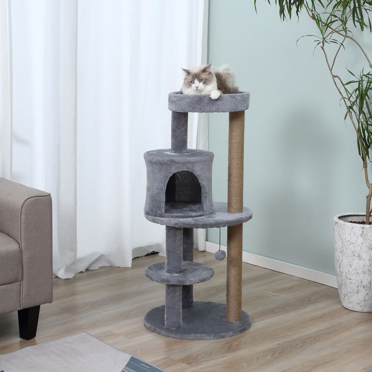104cm Deluxe Cat Activity Tree w/ Scratching Posts Ear Perch House - Grey