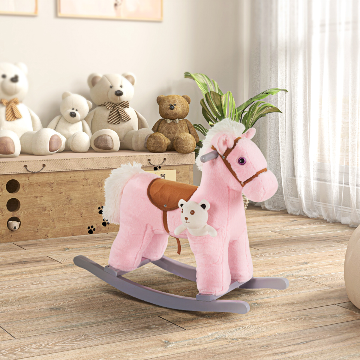 Kids Plush Ride-On Rocking Horse with Plush Toy Sound Handle Grip HOMCOM