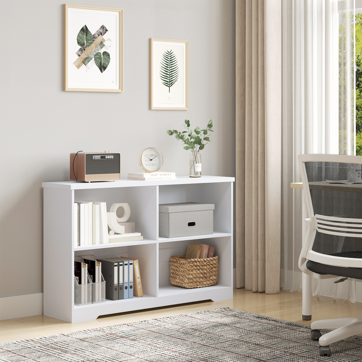 Simple Modern 4-Compartment Low Bookcase w/ Shelves Cube Display Office