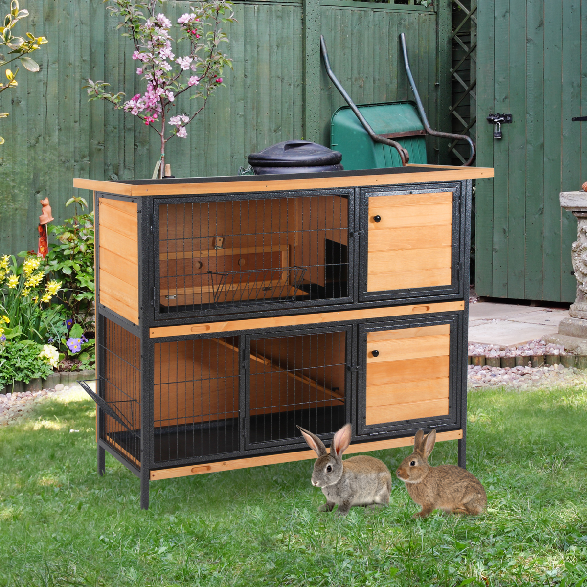Wooden Metal Rabbit Hutch Pet House Bunny w/ Slide-Out Tray Outdoor Light Yellow