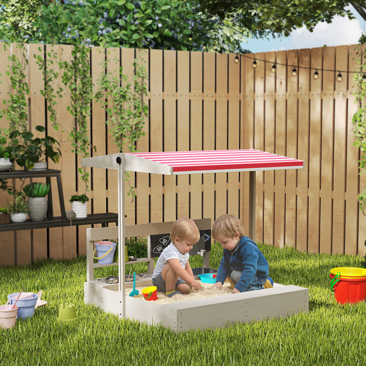 Outsunny Kids Wooden Sandbox w/ Canopy, Kitchen Toys, Seat, Storage, for Outdoor