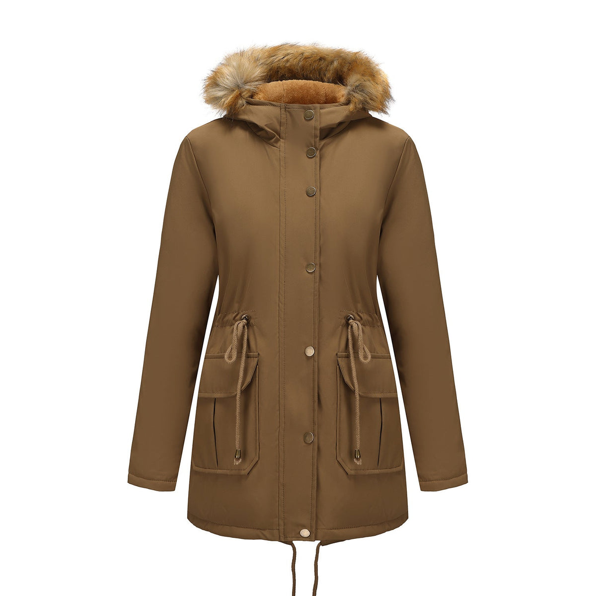Hooded Women's Mid-length Padded Coat With Fur Collar And Defined Waist
