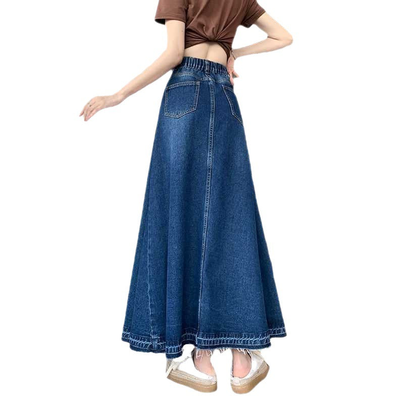 High-waisted Slim-fit Denim Midi Skirt With A Draping Effect