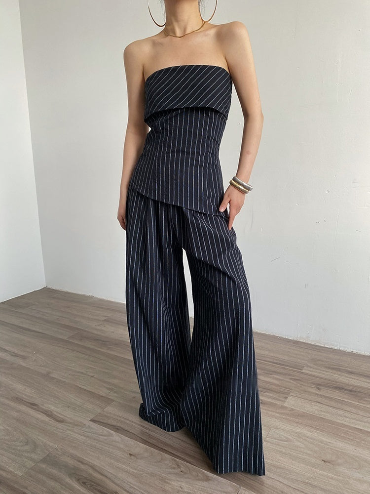 Retro Hot Girl Striped Tube Top Vest Women's Cotton Linen Casual Wide-leg Pants Suit