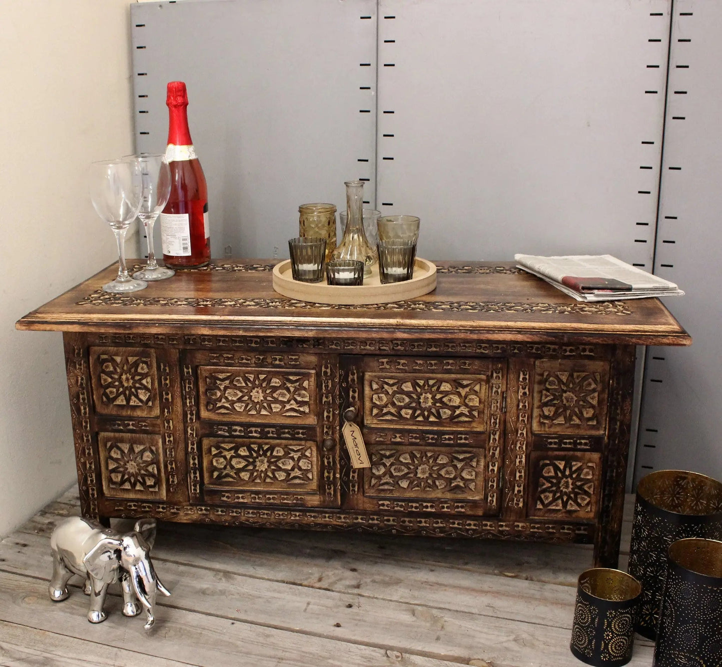 Mehanadi Rectangle Moroccan Coffee Table Hand Carved with Storage Compartment