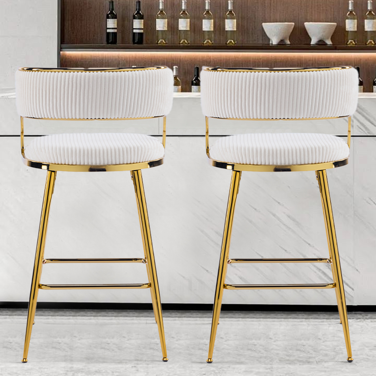 2pcs Thick Corduroy Gold-plated Iron Feet Bar Stool Beige