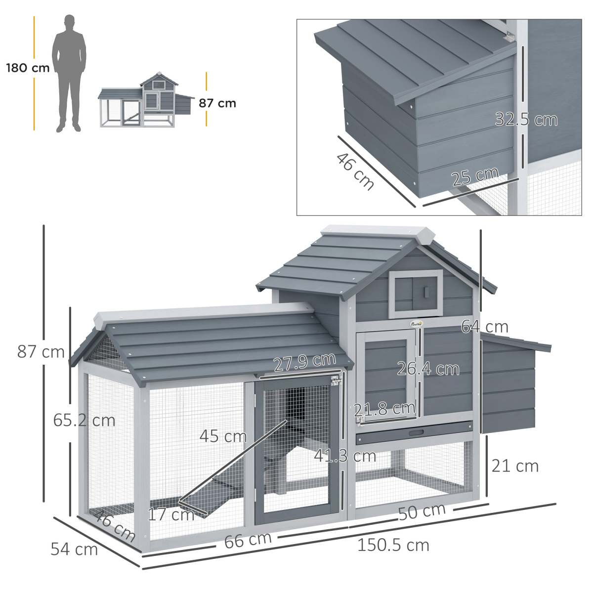Small Chicken Coop Hen Cage Nesting Box w/ Outdoor Run Grey 150.5 x 54 x 87 cm