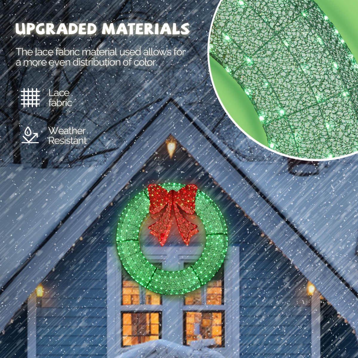 120cm Pre-lit Outdoor Christmas Wreath Decoration, Lighted Metal Wreath with Red Bow, Remote Control LED Lights with Timer, for Front Door Gate Wall Indoor Outdoor Holiday Party, Green