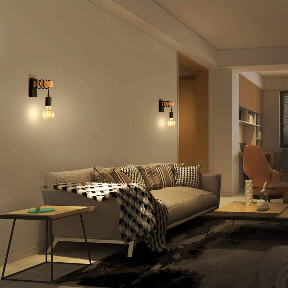 Wooden Wall Light 2 Pack Vintage Industrial E27 Rustic Sconce Black Lightess
