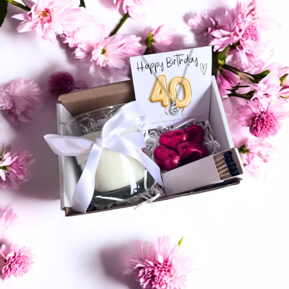 Small 40th Birthday Gold Balloons Gift Hamper | Cubic Zirconia Charm Necklace, Chocolates & Candle