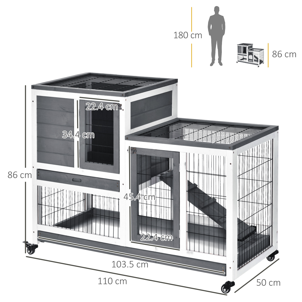 Wooden Rabbit Hutch Bunny Guinea Pigs House Cage Wheels Indoor 110 x 50 x 86cm