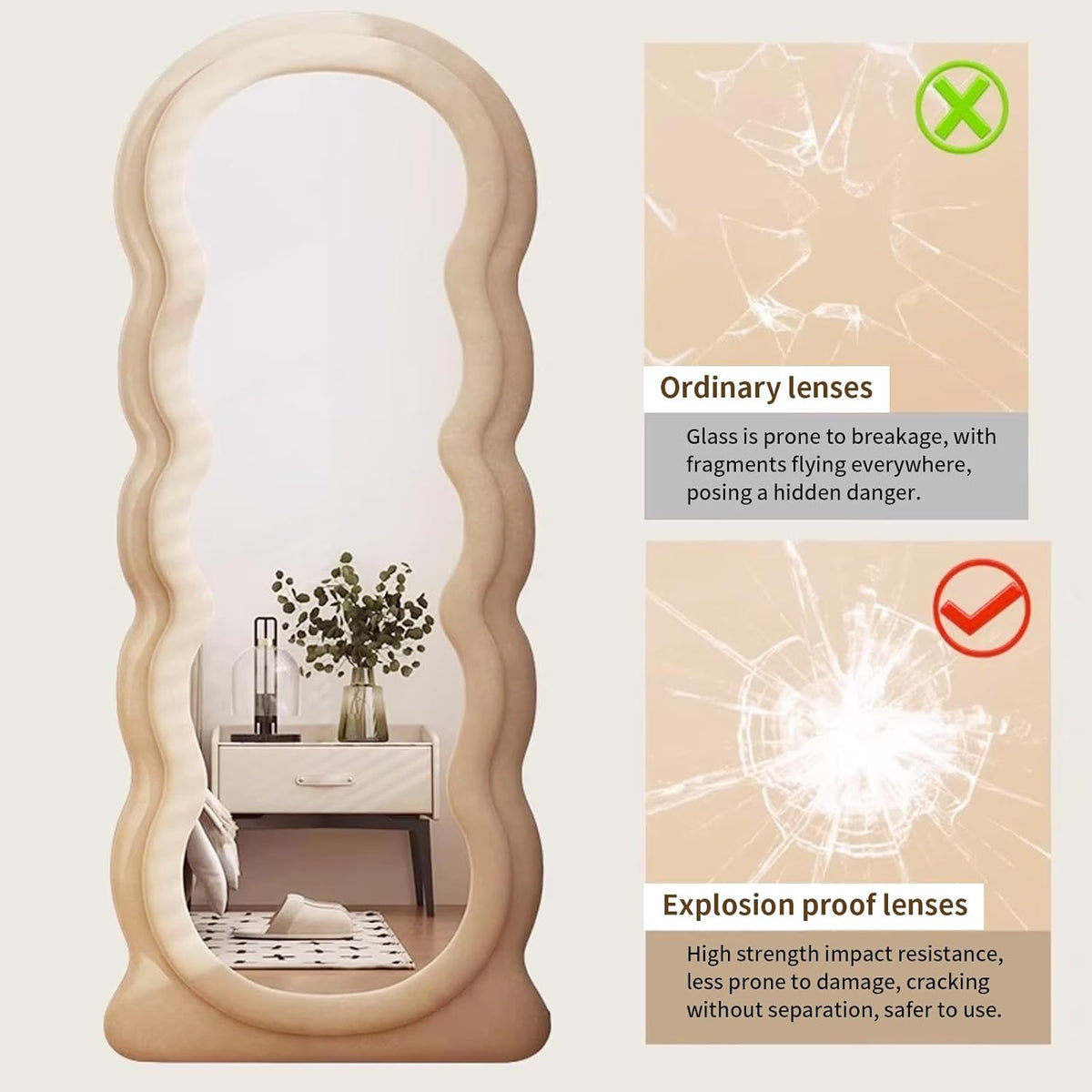 Full Length Mirror CEIEVER 160x60cm Irregular Wavy– Arch Floor Mirror, White