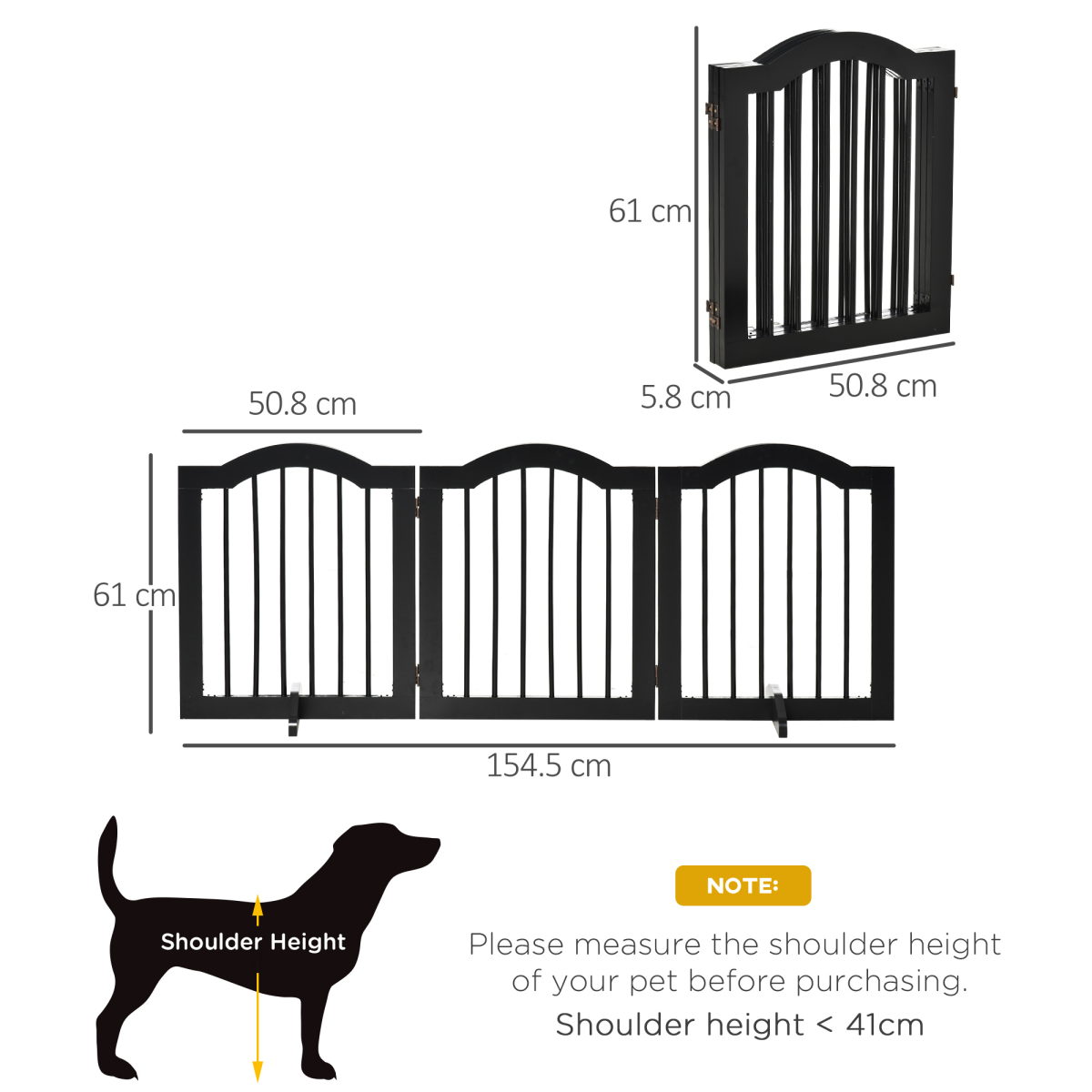 3 Panels Dog Gate w/ Support Feet Fence Safety Barrier Freestanding Wood Black