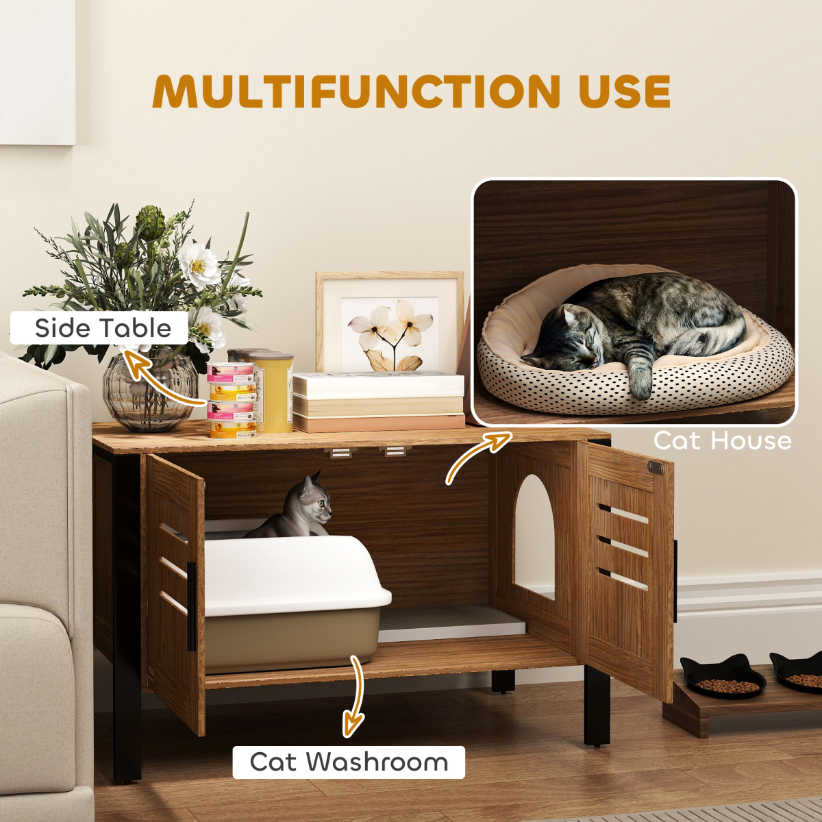 PawHut Cat Litter Box Enclosure w/ Tall Legs, Scratching Board, Dark Brown